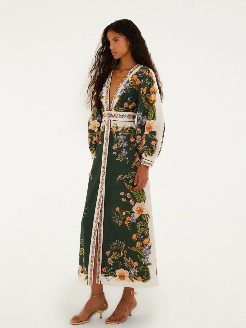 FARM Rio Green Floral Deep V Maxi Dress with Cream Trim - Picture 3 of 5